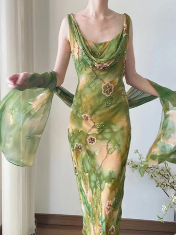 Exquisite Sheath Straps Beaded Print Floral Chiffon Prom Dress Party Dress HZ1023